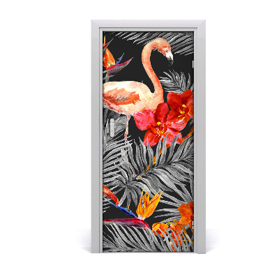 Självhäftande dörrklistermärke Flamingos och blommor