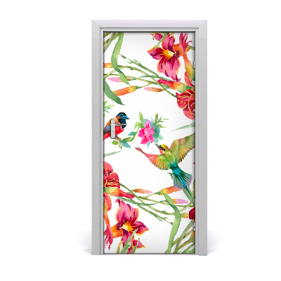 Självhäftande dörrklistermärke Fåglar och blommor