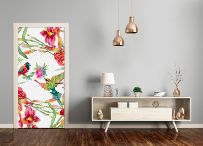 Självhäftande dörrklistermärke Fåglar och blommor