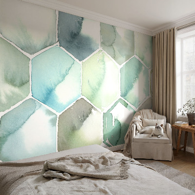 3D fototapet med pastellfärgade hexagoner