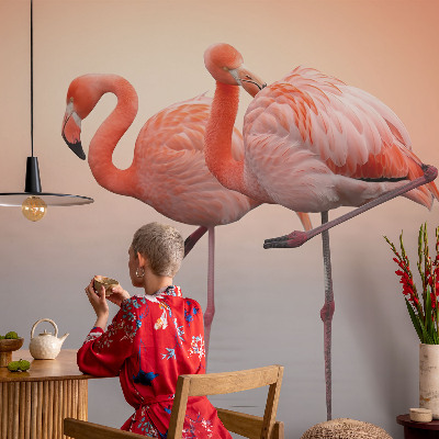 3D fototapet med motiv av delikata flamingos