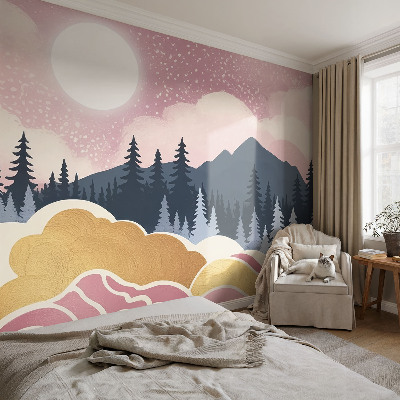 Självhäftande fototapet med motiv av en rosa solnedgång