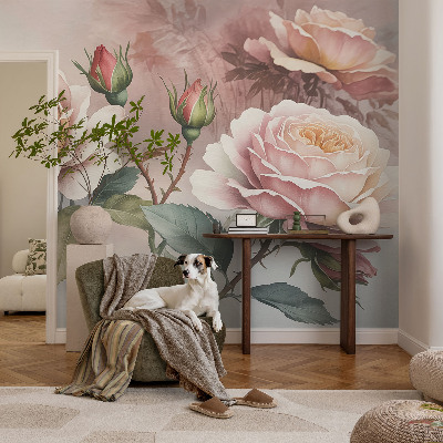 3D fototapet med motiv av pastellrosor
