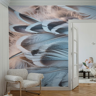 3D fototapet med blåa fjädrar