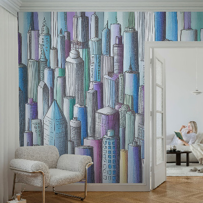 3D fototapet med motiv av stadens skyskrapor