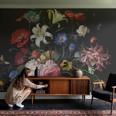 Självhäftande fototapet med blommor och insekter som motiv