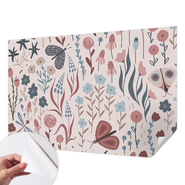 Peel and stick fototapet med motiv av blommor och insekter