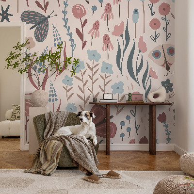 Peel and stick fototapet med motiv av blommor och insekter