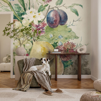 Fototapet barnrum med motiv av blommor och frukter