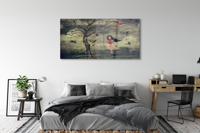 Akrylglas bild Träd fåglar flicka moln stenar