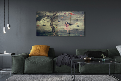 Akrylglas bild Träd fåglar flicka moln stenar