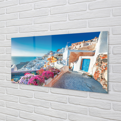 Akrylglas bild Grekland Byggnader havet blommor