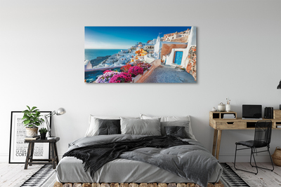 Canvas bild Grekland Byggnader havet blommor