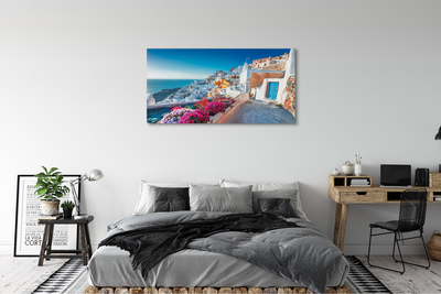 Canvas bild Grekland Byggnader havet blommor