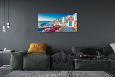 Canvas bild Grekland Byggnader havet blommor