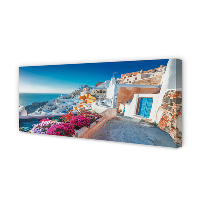 Canvas bild Grekland Byggnader havet blommor