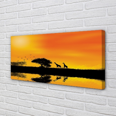 Canvas bild Giraff solnedgång träd sjö