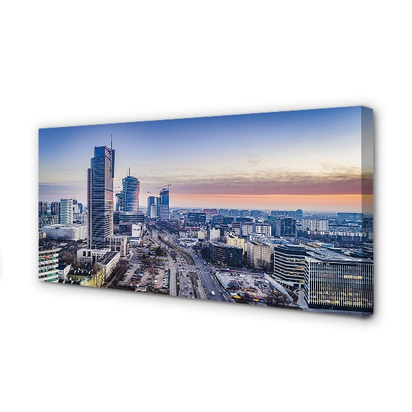 Canvas bild Warszawa Panorama av skyskrapor vid soluppgången