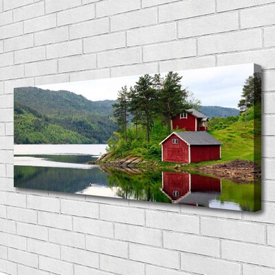 Foto på canvas Bergshus sjölandskap