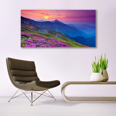 Bild på canvas Berg äng blommor landskap