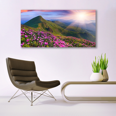 Canvas bild Berg äng blommor landskap