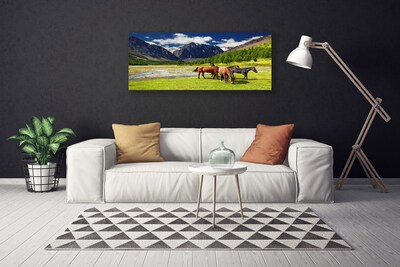 Fototryck canvas Berg Träd Hästar Djur