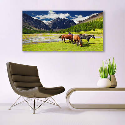 Fototryck canvas Berg Träd Hästar Djur