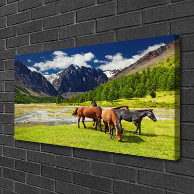 Fototryck canvas Berg Träd Hästar Djur