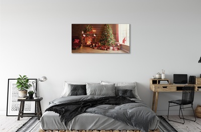 Fototryck på glas Öppen spis julgran gåvor ljus