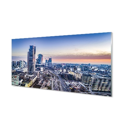 Glastavla Warszawa Panorama av skyskrapor vid soluppgången