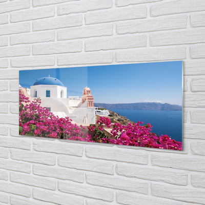 Glasbild Grekland Blommor havet byggnader