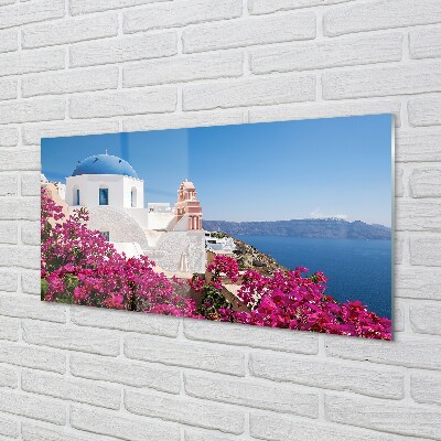 Glasbild Grekland Blommor havet byggnader