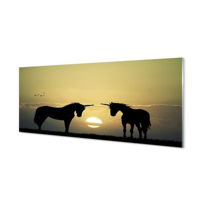 Fototryck på glas Solnedgångsfält med enhörningar