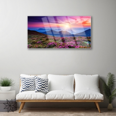 Glas bild Mountain Meadow Sun Landskap