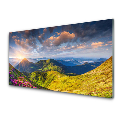 Glas bild Berg Sun Meadow Landskap