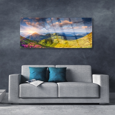 Glas bild Berg Sun Meadow Landskap