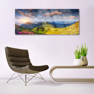 Glas bild Berg Sun Meadow Landskap