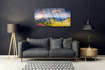 Glas bild Berg Sun Meadow Landskap