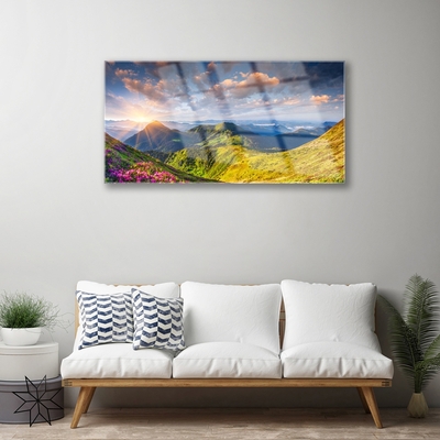 Glas bild Berg Sun Meadow Landskap