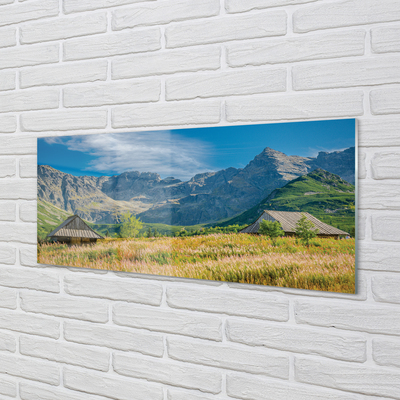 Glas panel Berg, åkrar, stugor