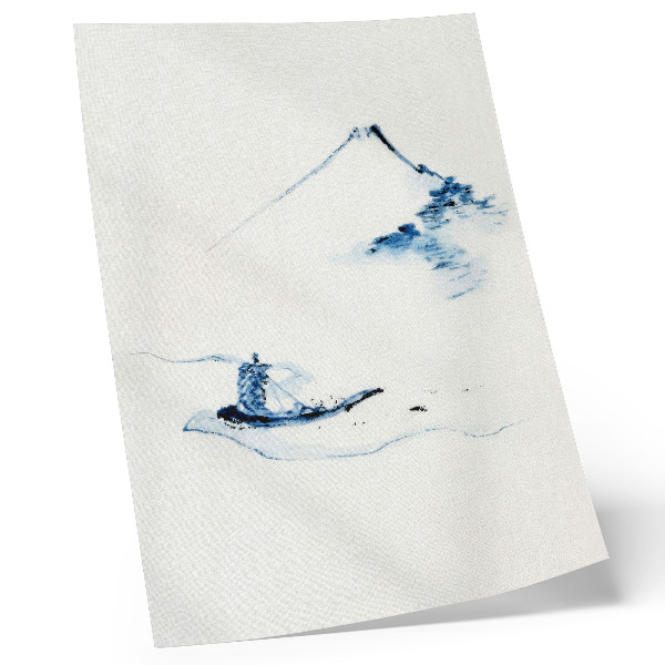 Poster Man i en liten båt på en flod med berget Fuji i bakgrunden (1830–1850) av Hokusai