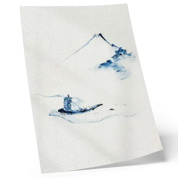 Poster med motiv av Hokusais konstverk Man i en liten båt på en flod med berget Fuji i bakgrunden (1830–1850)