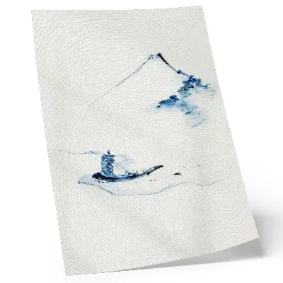 Poster med motiv av Hokusais konstverk Man i en liten båt på en flod med berget Fuji i bakgrunden (1830–1850)