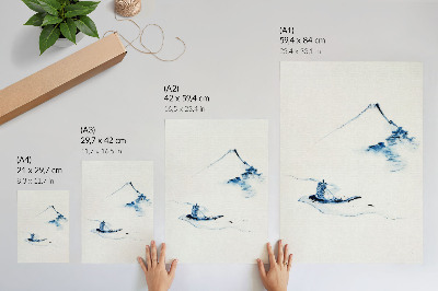 Poster Man i en liten båt på en flod med berget Fuji i bakgrunden (1830–1850) av Hokusai