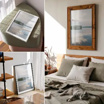Väggaffisch i dekorativ design landskap med träd och reflekterande vattenspegel under en lugn himmel