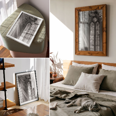 Hållbar väggposter Gamla gotiska fönster ljus löv mysterium
