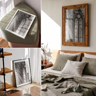 Hållbar väggposter med motiv av gamla gotiska fönster med ljusa löv och mystik