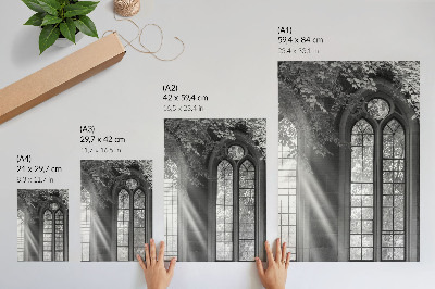 Hållbar väggposter Gamla gotiska fönster ljus löv mysterium