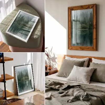 Hållbar väggposter grön skog med djup dimma och reflektion i vattnet