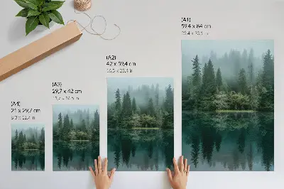 Hållbar väggposter grön skog med djup dimma och reflektion i vattnet